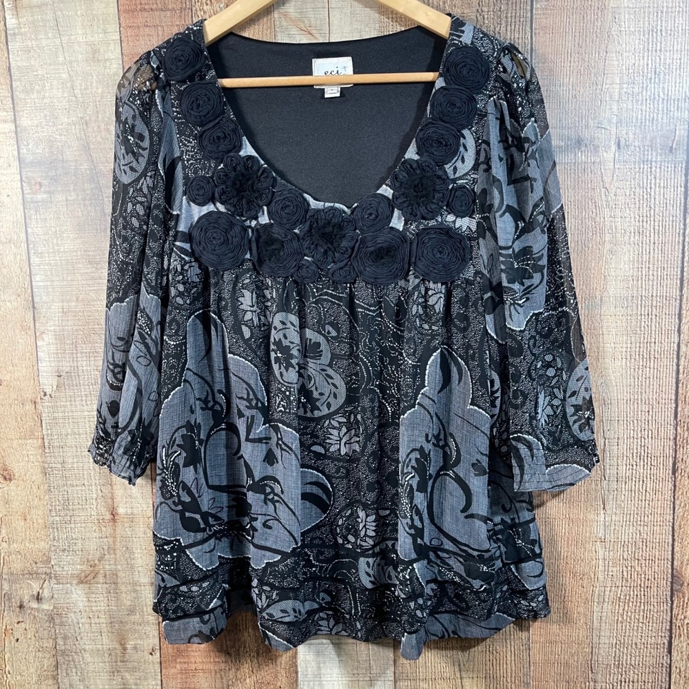 ECI New York Whimsigoth Floral Rosette Sheer Sleeve Tunic Blouse Size 8 Y2K Boho